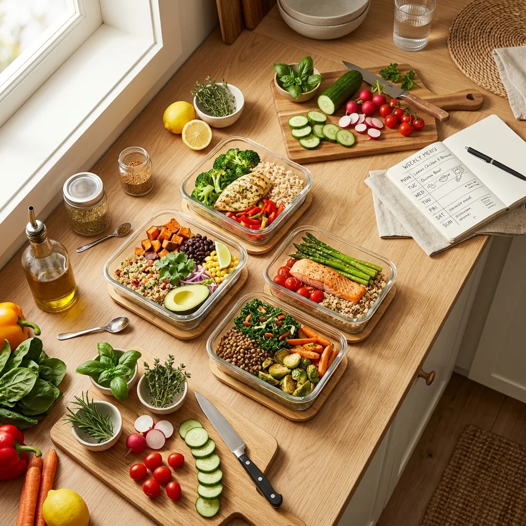 Organized healthy meal prep demonstrating balanced nutrition planning
